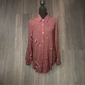Fig & Flower Embroidered Floral Button Down Blouse Size L Boho